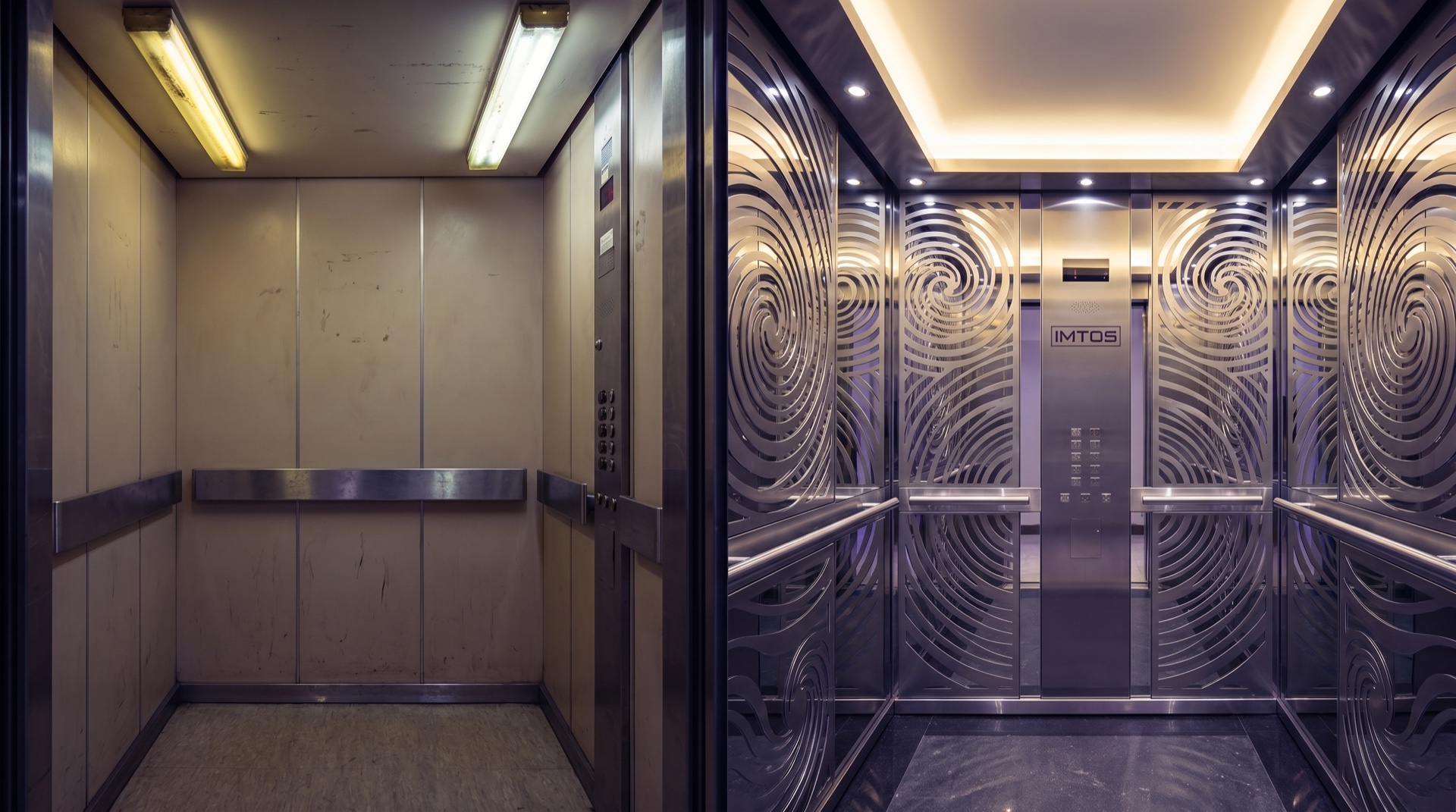 Liftcabine voor en na modernisering door IMTOS