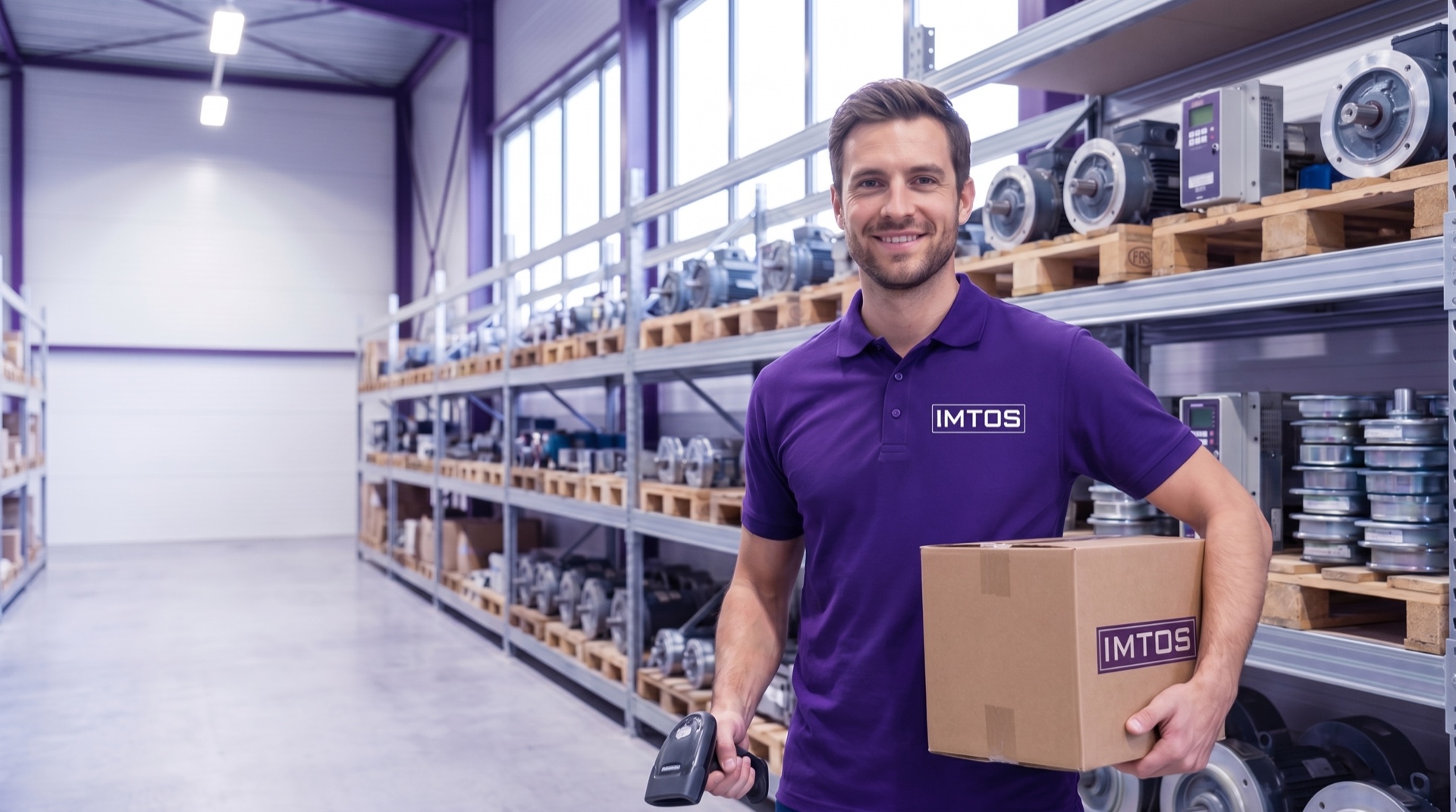 IMTOS-medewerker in het magazijn met liftonderdelen op voorraad